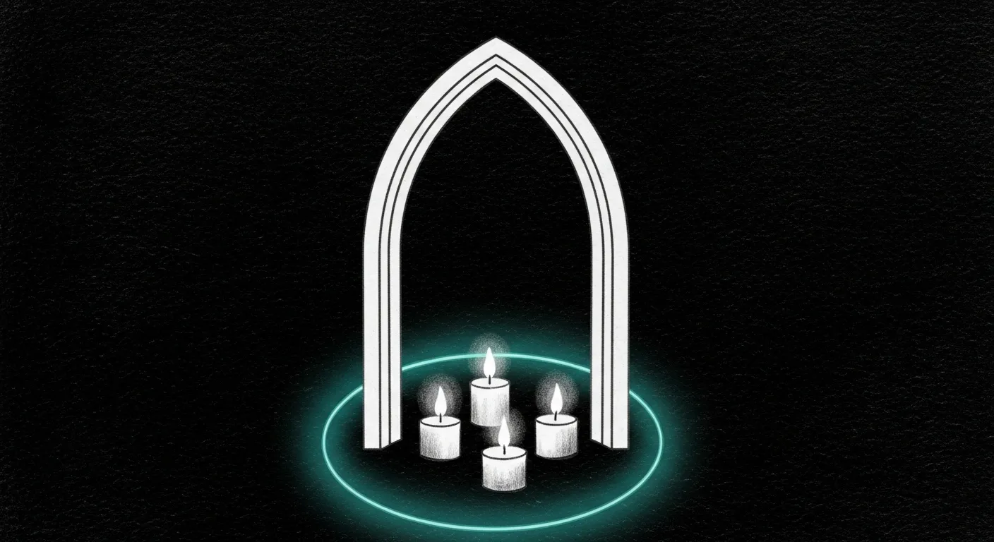 Four small lit candles at the base of a sketched cathedral arch, a single teal halo encircling them
