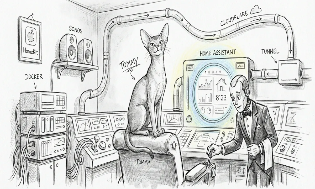 A small autonomous helper drone tidying the floor of a glass-walled equipment room while a striped cat supervises from a railing above — pencil sketch, wide format, soft white background