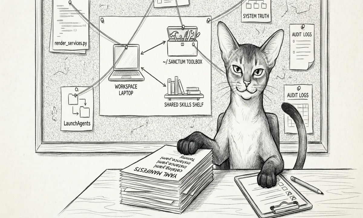 A wide pencil sketch of an audit desk under a single lamp; a ledger lies open with three handwritten entries, a small mechanical drone sits beside it logging its own work in a second ledger labeled “mine”, and a striped cat watches both from a shelf