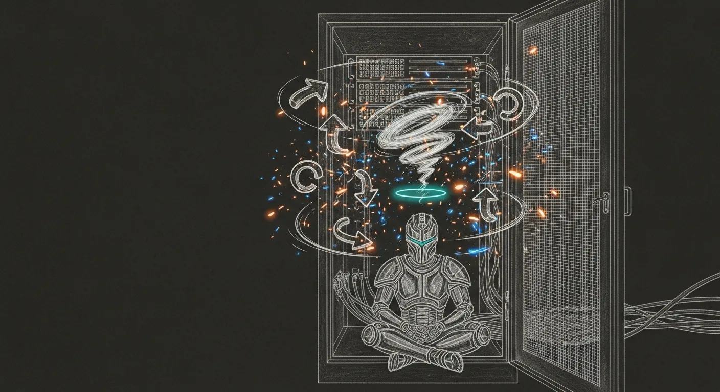 A serene armored sentinel sits cross-legged and calm inside an open server rack while a storm of restart-arrows whirls harmlessly around it, soft pencil sketch on a dark background with a single teal halo around the sentinel