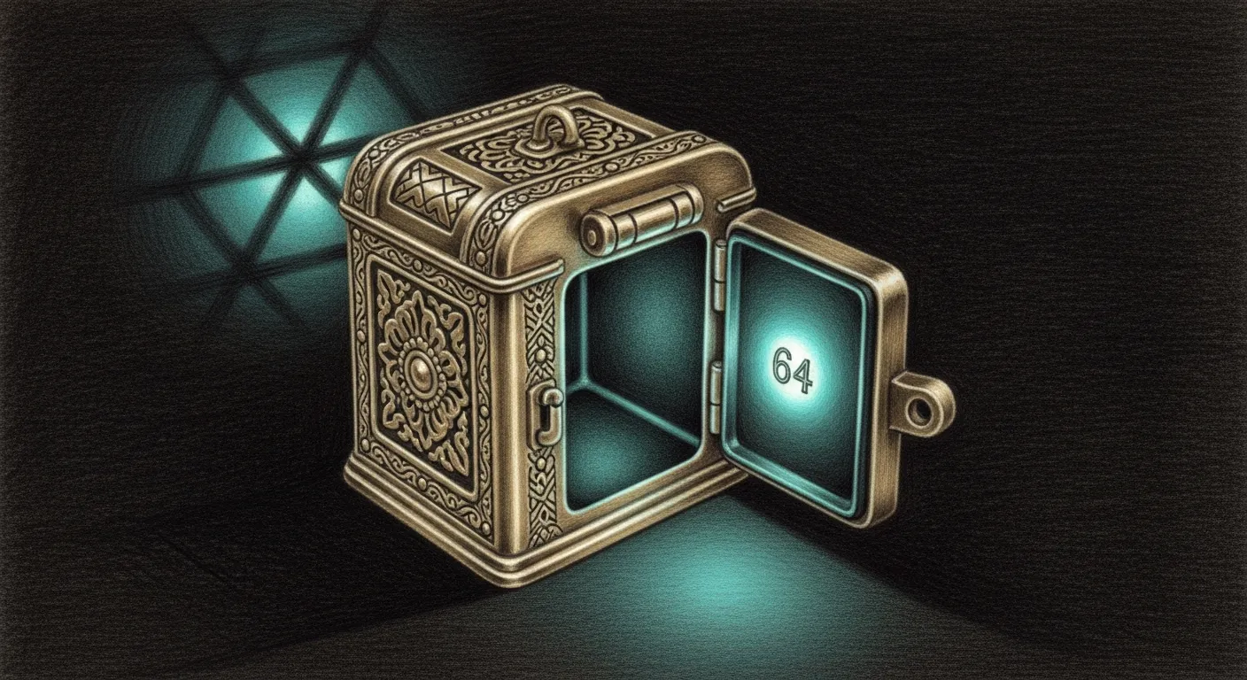 Pencil sketch on a dark charcoal background of a small ornate brass shipping container with the lid slightly ajar; inside, a tiny etched number 64 glows in a single teal halo, the rest of the interior in deep shadow.