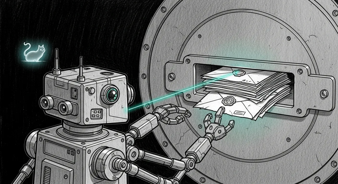 A small repair droid at the mouth of a vault mail-slot, extending one cautious teal probe-beam to read a stack of sealed letters without reaching inside — pencil sketch on a dark background, a single teal halo on the beam.