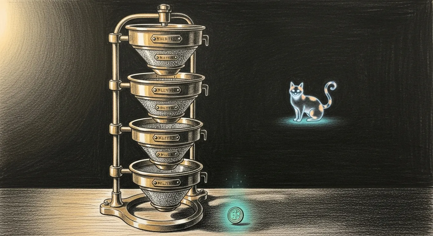 Pencil sketch on a dark charcoal background of an ornate brass mechanical filter machine with four progressively-finer-meshed funnels stacked vertically; beneath them on a polished wood workbench a single small brass coin glows softly in teal.