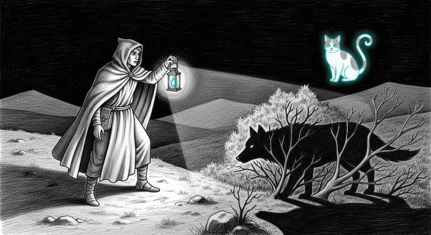 A lone shepherd-sentinel on a dark hillside, lantern raised, pausing to look twice at a wolf-shaped shadow that turns out to be only a bush — pencil sketch on a dark background, a single teal accent glow lighting the moment of doubt before the alarm