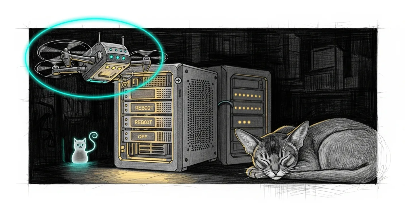 A small autonomous helper drone keeping watch over a softly glowing home server through two dawn reboots, its status lights returning to a steady calm glow as the machine reassembles itself, the haus's Abyssinian force-ghost dozing nearby unbothered — pencil sketch, dark background, a single teal accent halo