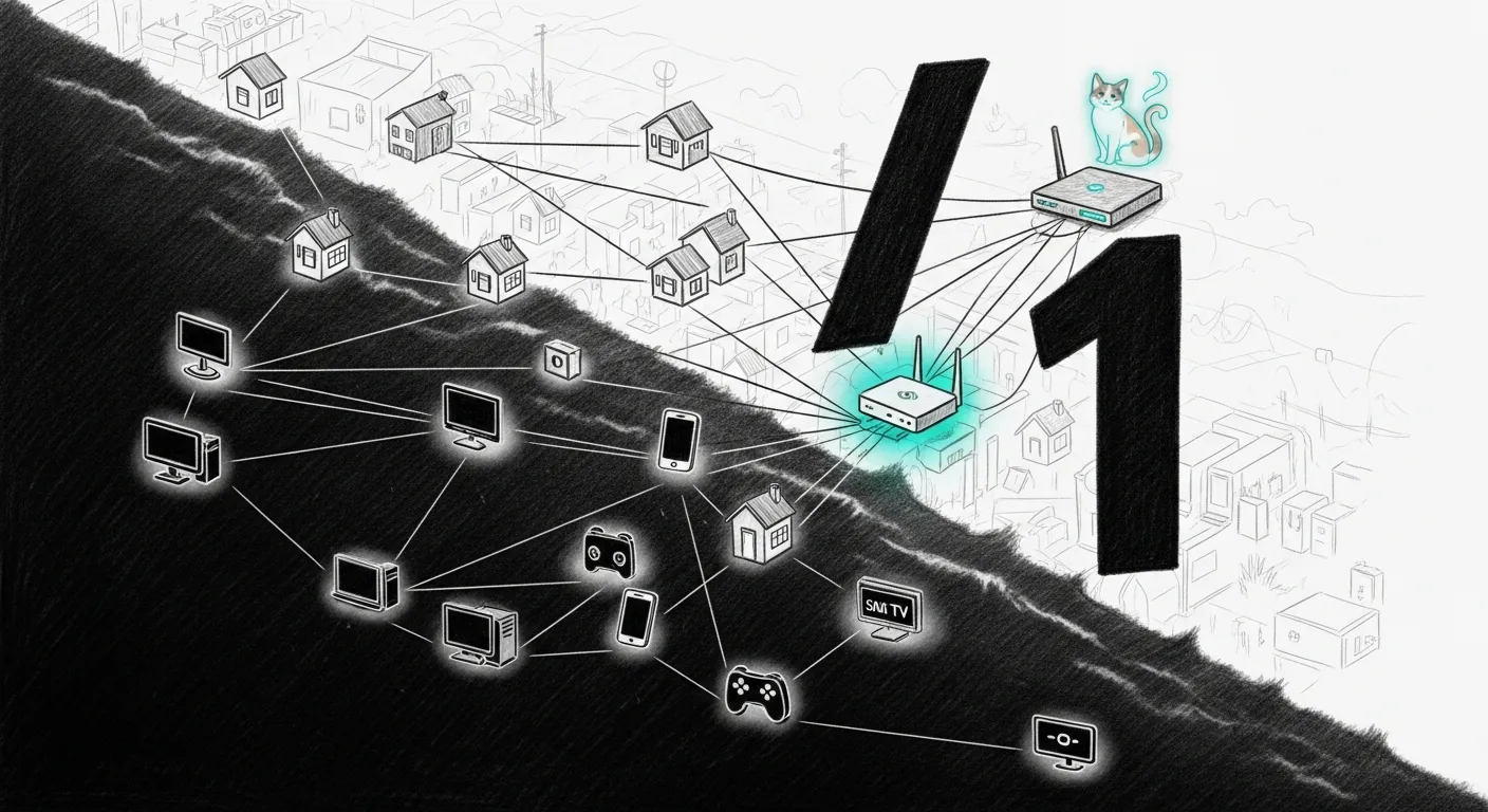 A home network drawn as a constellation of glowing house-windows on a dark background, half of it going dark as a giant diagonal slash — a "/1" — cuts across and swallows the near devices, while one small router-box keeps a single teal halo on the far side of the cut; pencil sketch, one teal accent