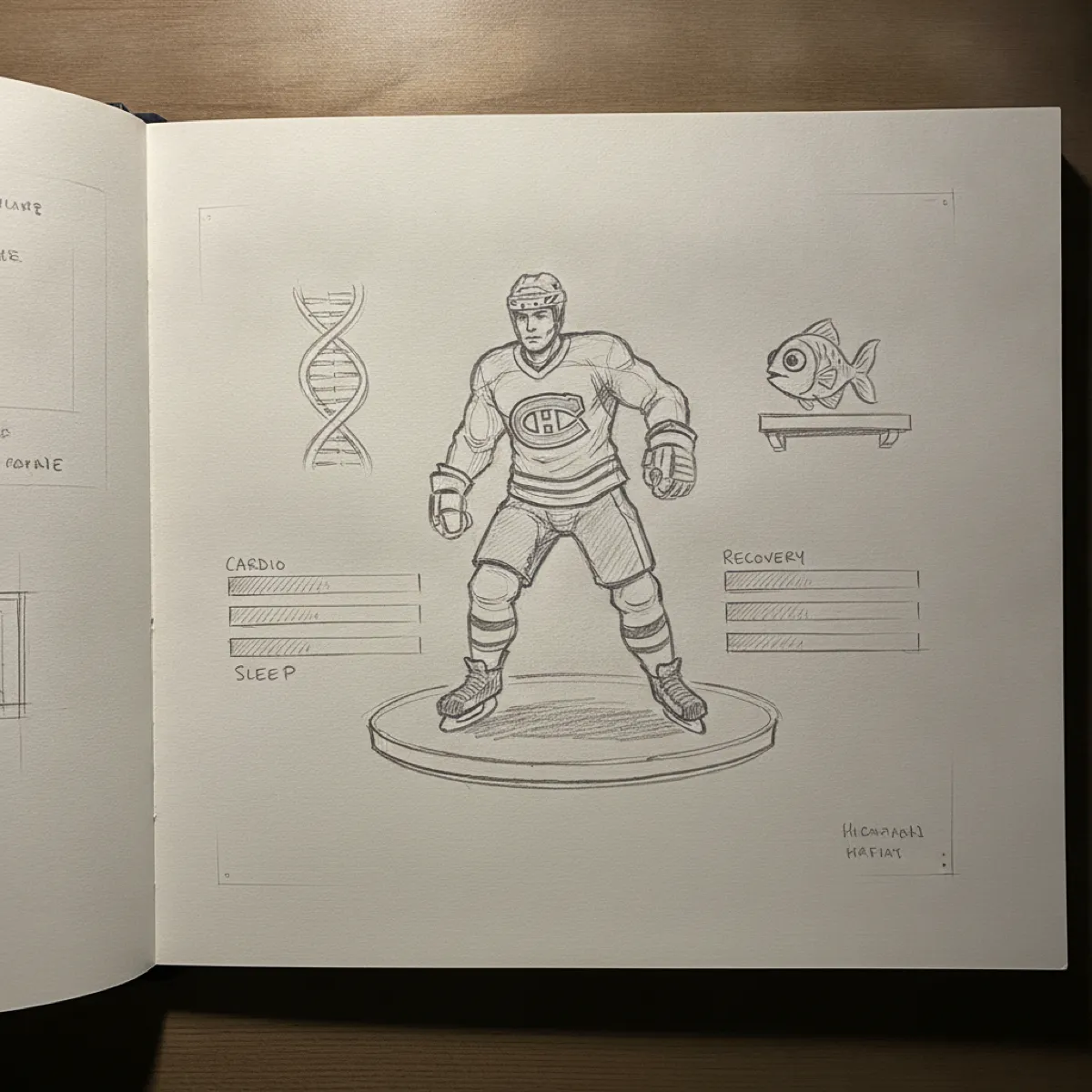 A hand-drawn pencil sketch of a video-game character-select screen: a hockey hero in a CH-crest Canadiens jersey standing on a turntable platform, a DNA double-helix sketched to the left, a small fish watching from a shelf on the right, and Cardio / Recovery / Sleep stat bars sketched along the margins