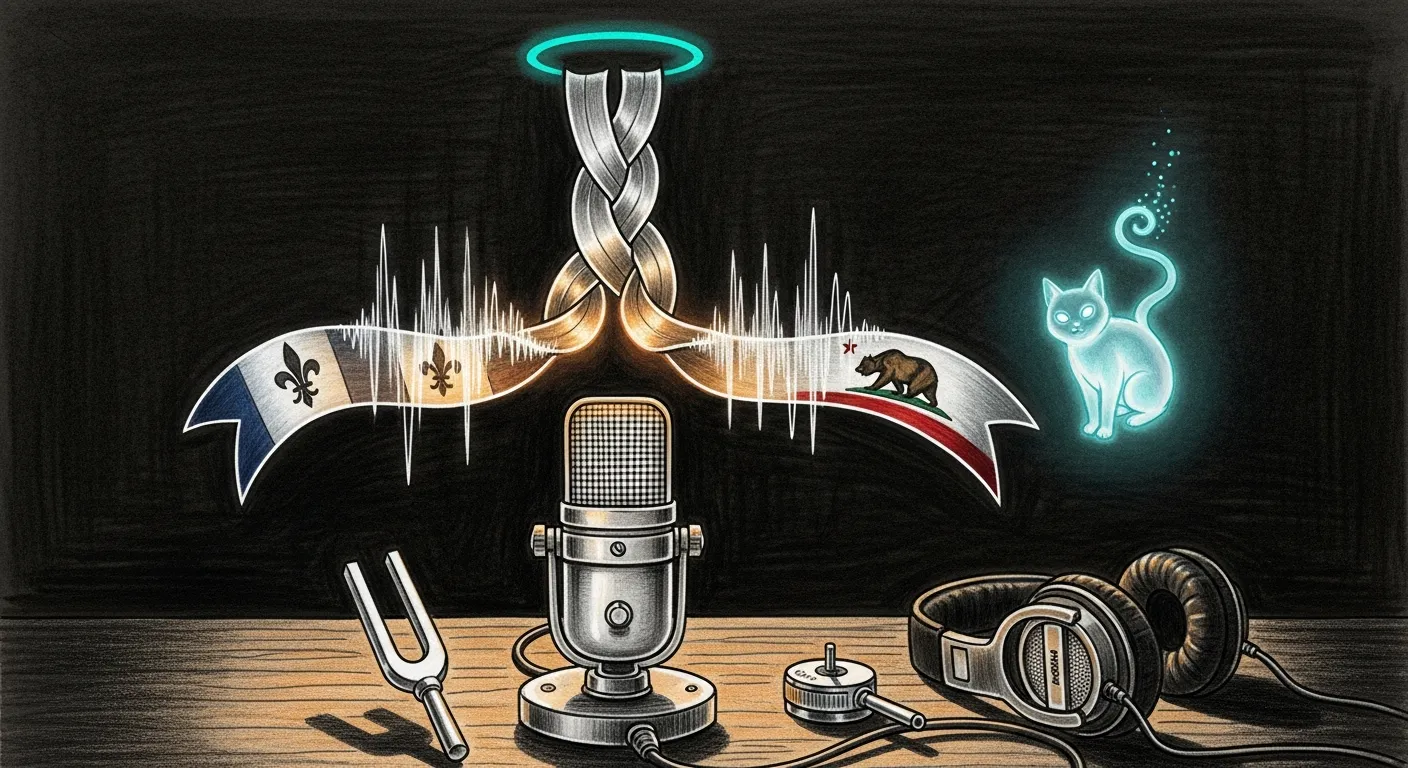 A pencil sketch on a dark background: a vintage ribbon microphone on a studio desk, two translucent speech waveforms rising from it and braiding into one strand at the top, a teal halo around the mic and a faint amber glow at the seam where the two waveforms join but do not quite fuse, with studio headphones and a tuning fork resting on the desk