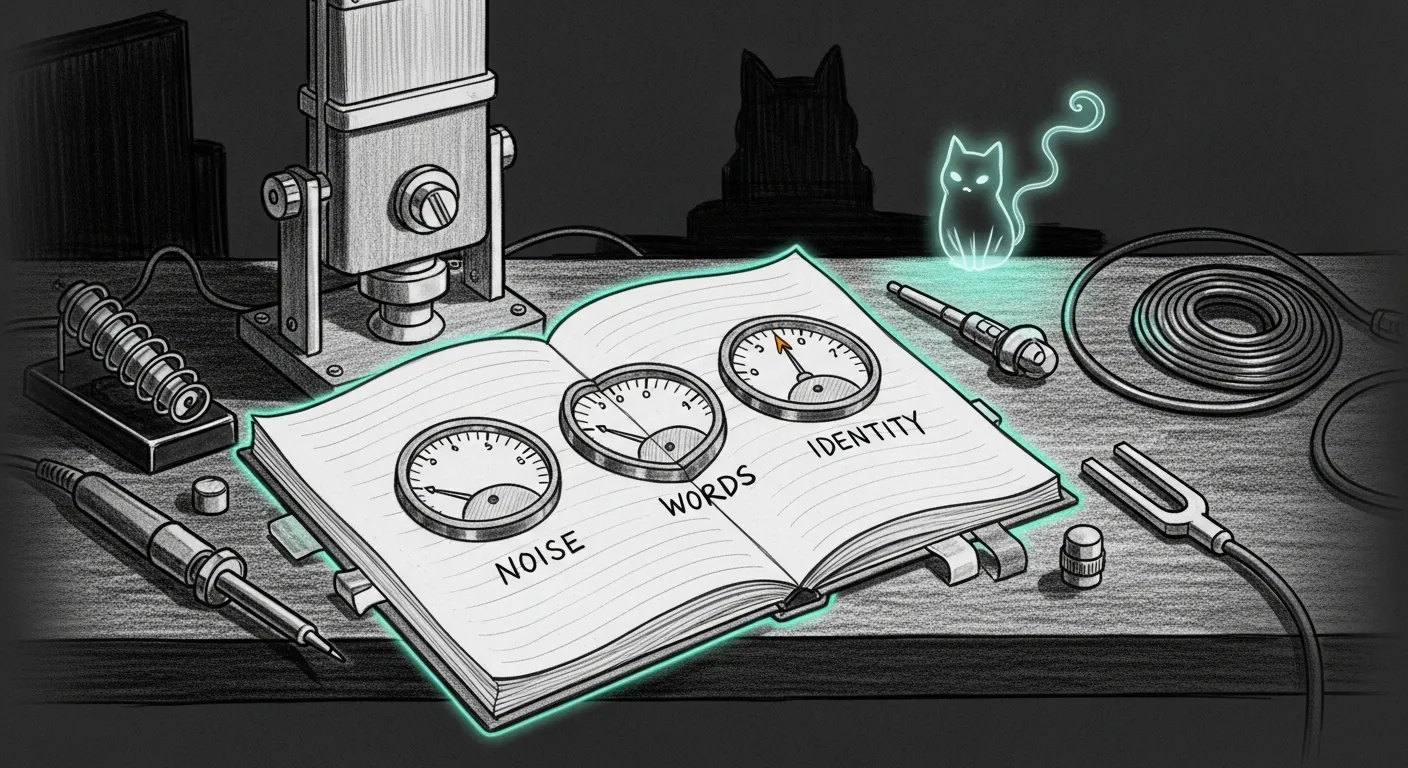 A pencil sketch on a dark background: an open lab notebook on a workbench beside a ribbon microphone, three gauge dials sketched on the page labeled noise, words, and identity, a teal halo over the notebook and a faint amber glow on one dial needle, with a soldering iron and a coil of cable at the desk edge