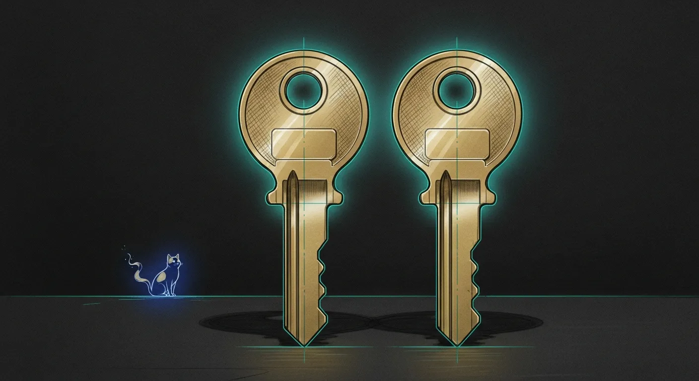 A pencil sketch of two identical haus keys cut from one master template, teal accent halo