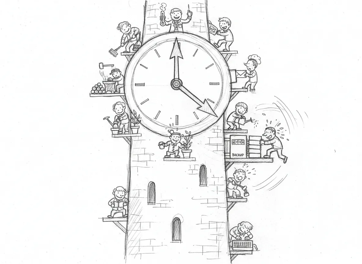 The cron clock tower — automation runs on schedule