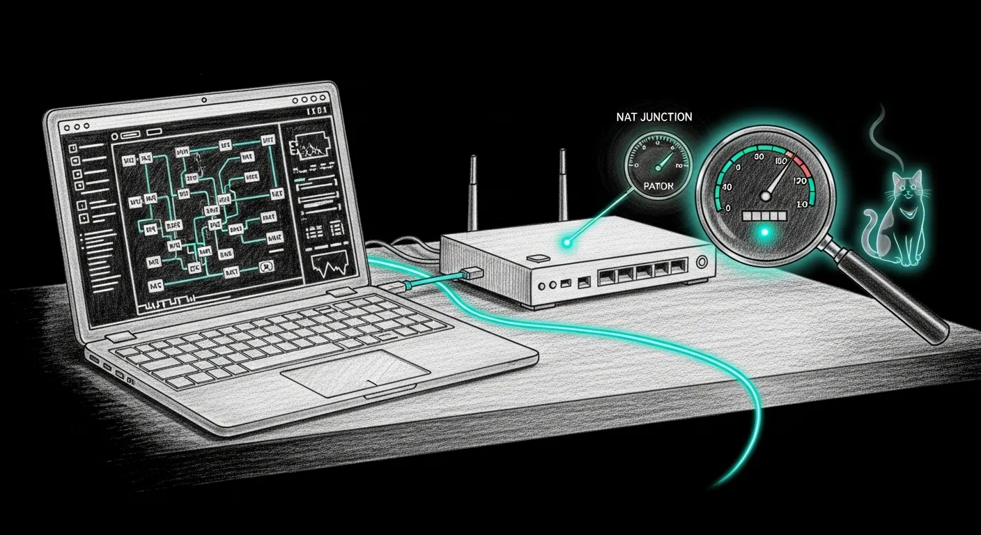 A pencil sketch on a dark background with a single teal accent halo: a calm engineer's desk with a laptop showing a network topology map, a router and a glowing fibre line traced across it, a magnifying glass hovering over a NAT junction beside a speedometer dial — the haus network, examined under a steady hand