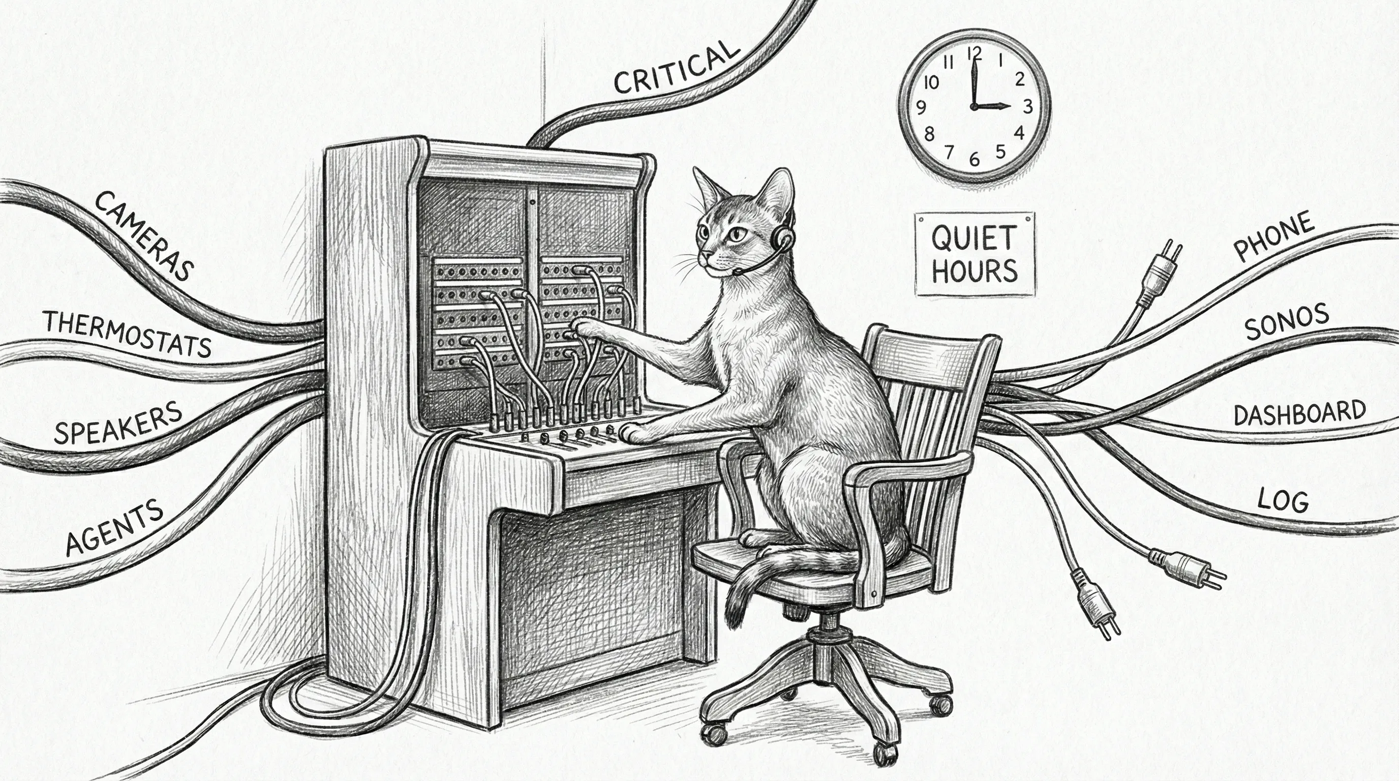 Tommy at the Force Flow switchboard — routing every alert in the haus through one brain