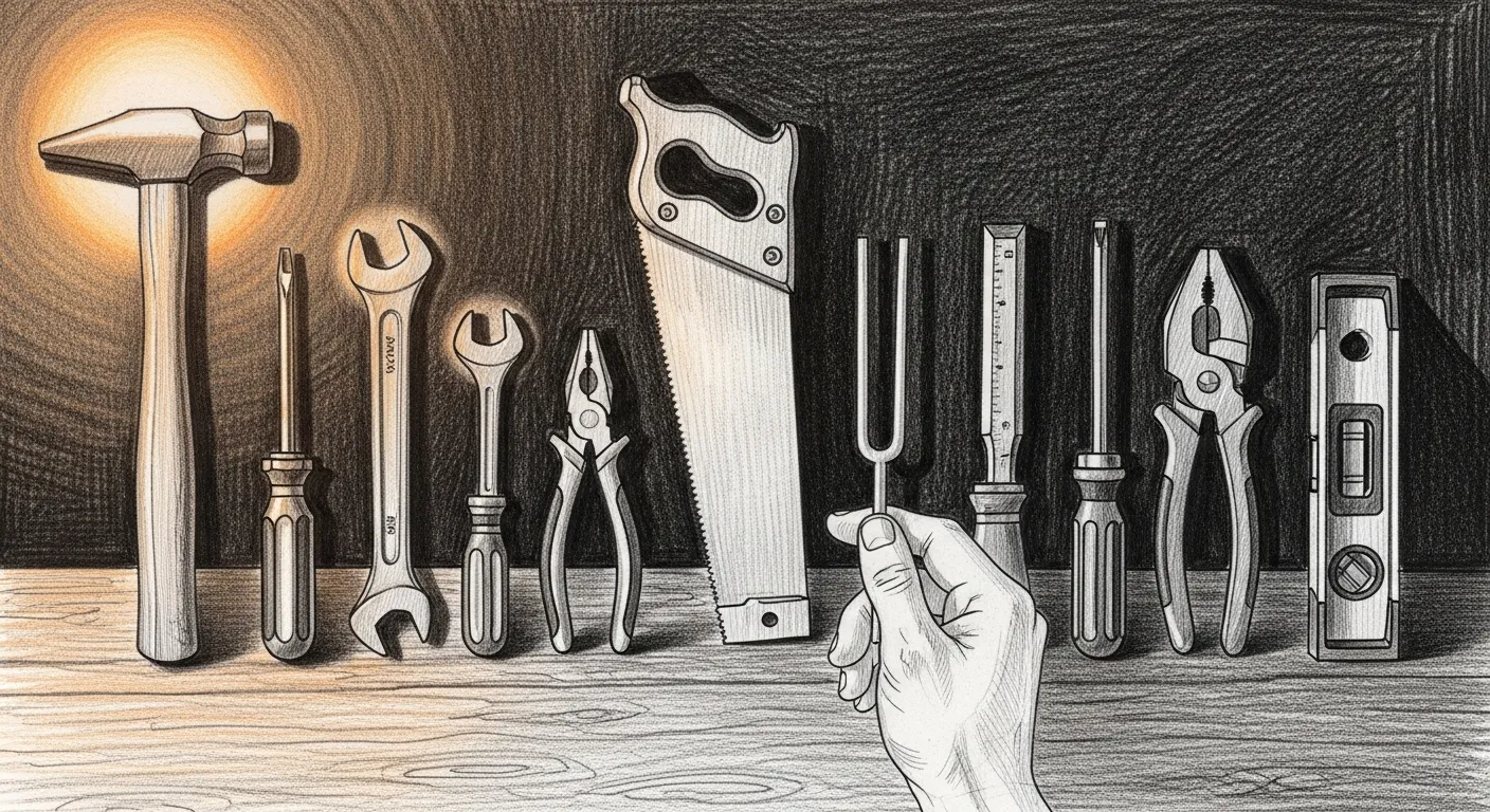 Full-stack health sweep — nine tools laid out on a workbench, three under the bulb and six still in shadow; the hand with the tuning fork doesn't know yet how long the morning is going to take.