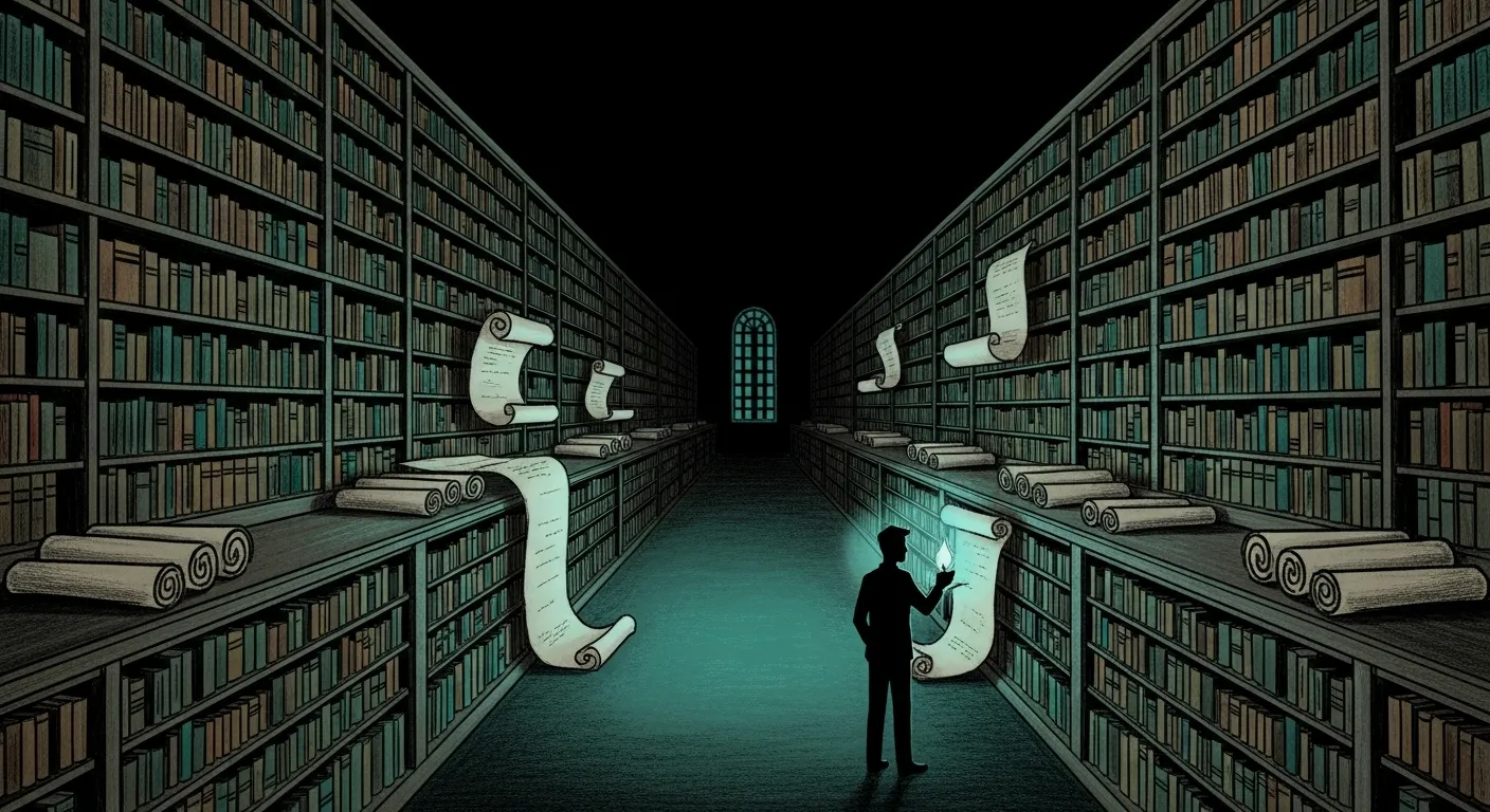 Off-catalogue audit — a vast library of indexed scrolls; five luminous interlopers tucked between shelves they were never assigned to, and an inspector with a small lamp finally noticing.