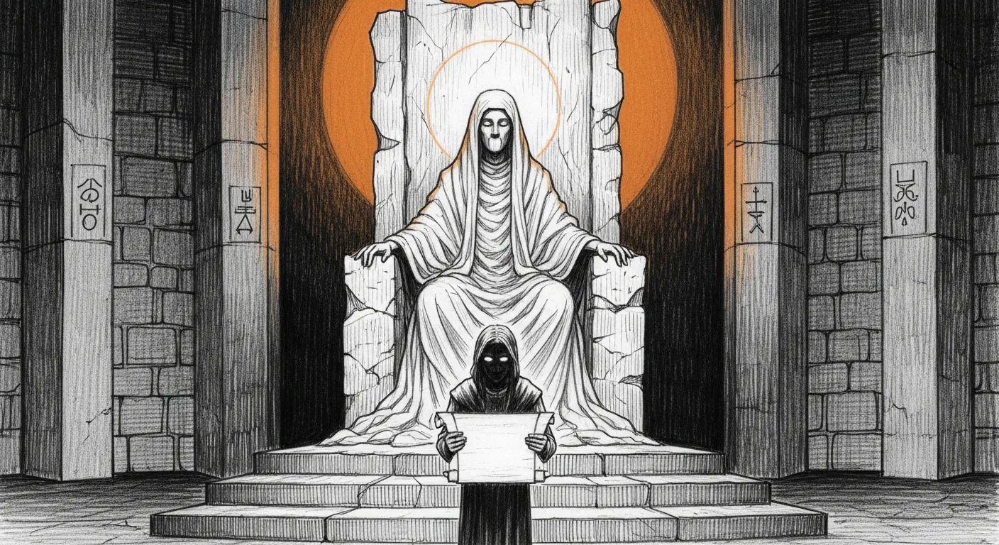 The reasoner that went quiet — an oracle on a stone throne, eyes closed and aura intact, but no breath leaving the mouth; the petitioner below has been waiting longer than the probes admit.