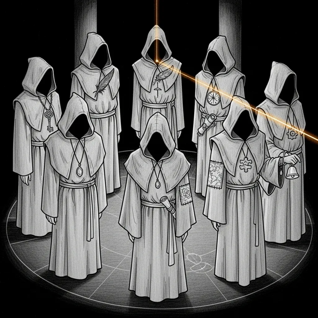 A dim temple chamber with eight robed figures standing in a circle, a single amber beam passing through each in sequence, testing they are still present and paying attention