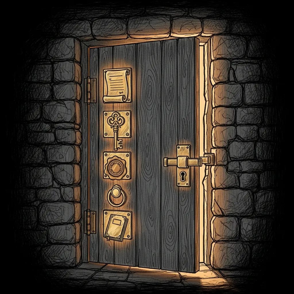 A stone archway with a single lit door, five distinct brass latches visible — cert, key, pin, seal, ledger — pencil-sketched with an amber line of light under the door