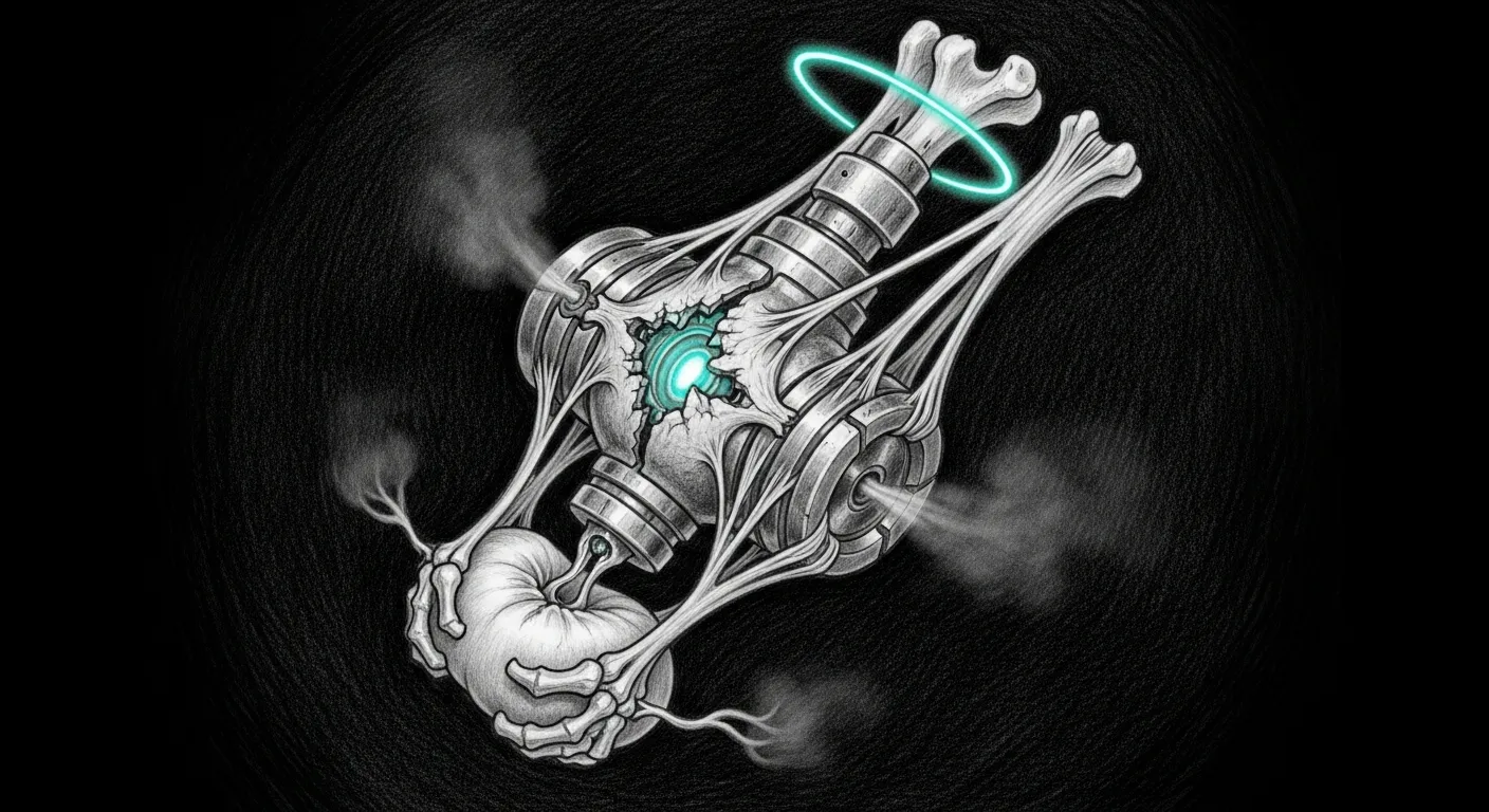 A pencil sketch of a pressure valve made of bone and tendon, frozen mid-release with a single teal halo at its centre, set against a dark void