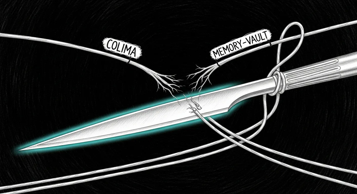 Pencil sketch on dark void of a single sharp blade resting across the page, severing two tangled threads — one frayed colima rope, one memory-vault loop closing on itself — atmospheric, anatomical