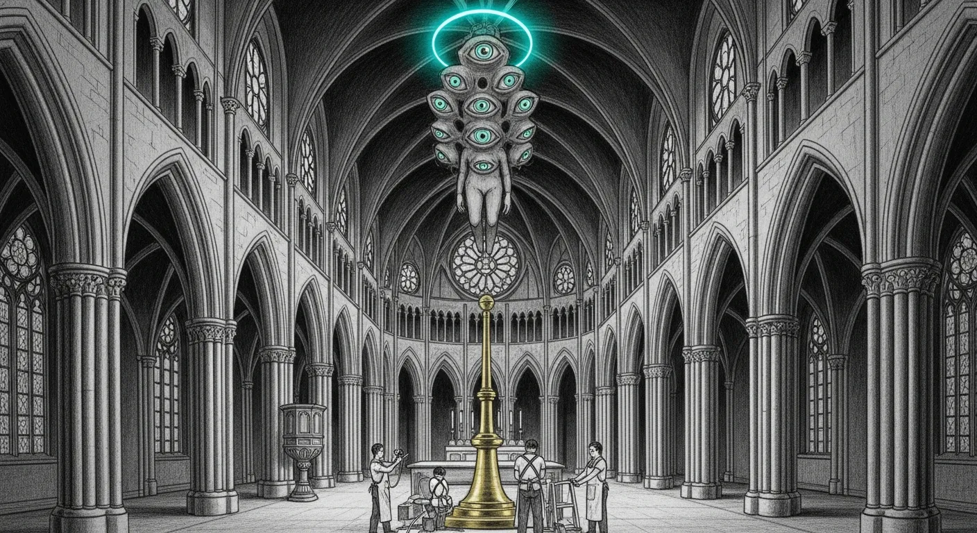 The cathedral sees — a many-eyed figure floats above the altar, each eye crystallizing into a pixel grid; three machinists at the base have just finished polishing the brass tower that channels the gaze.