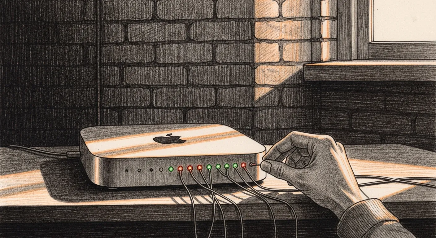 A pencil sketch of a Mac Mini at dawn with seven small red signal lights blinking inside a darkened haus — six of the lights resolving toward green as a single hand re-wires them in sequence, dawn warming the wall behind.