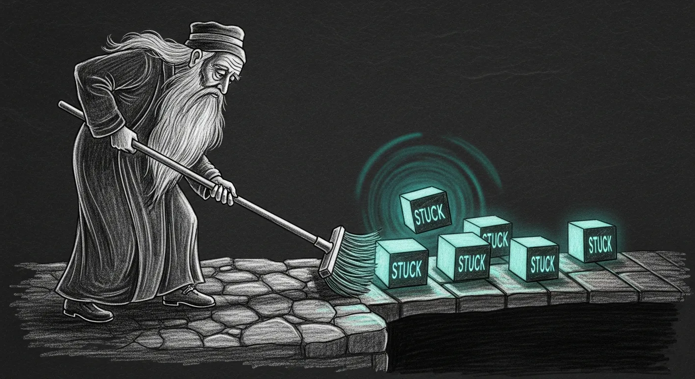 Windu sweeps the stuck — a wise custodian with a four-pronged broom sweeping six teal-glowing blocks labelled 'stuck' off a stone causeway into a pit.