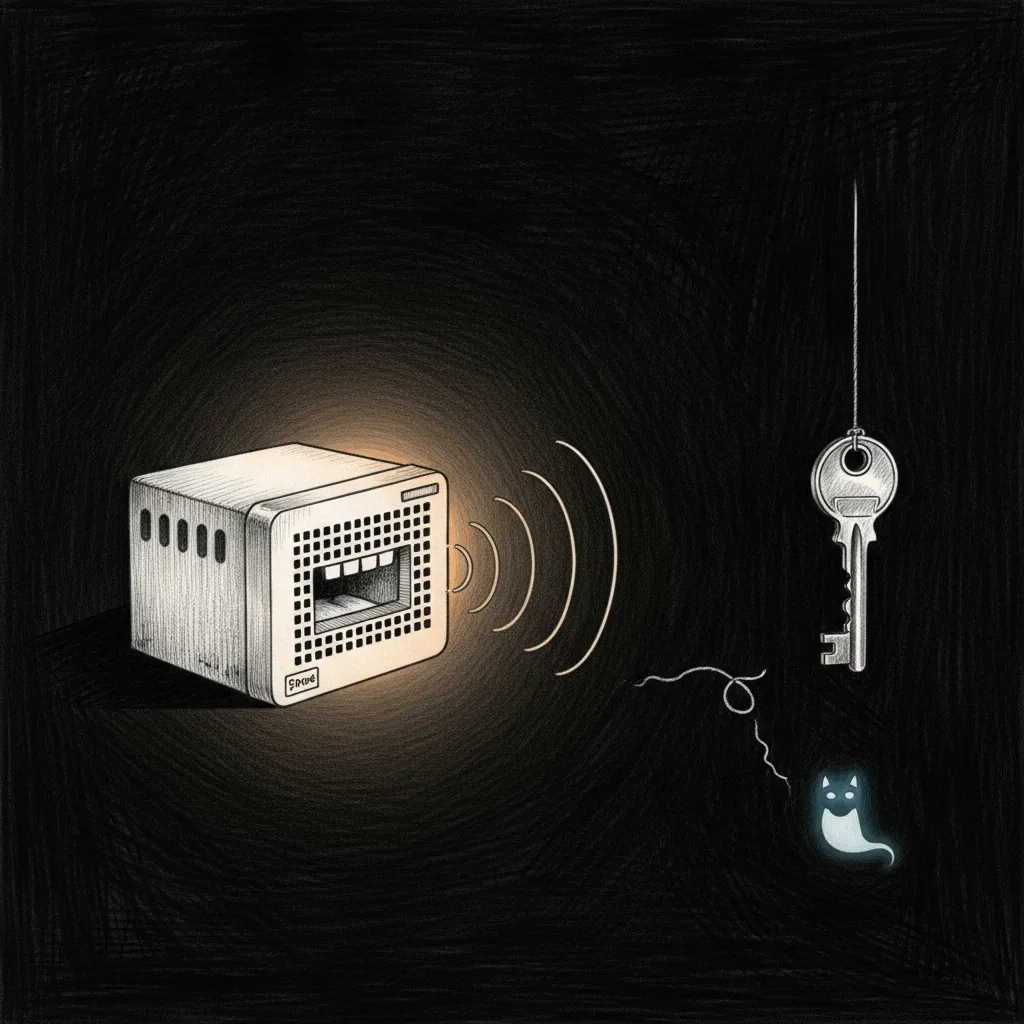A network box broadcasting concentric soundwaves into a dark void while an old brass key dangles disconnected just outside the glow, no longer needed — the box speaks, so the key retires