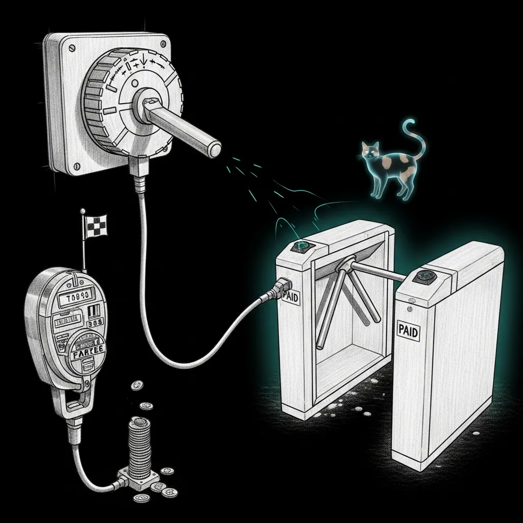 A routing switch throwing its lever away from a coin-fed taxi meter dribbling money into a pile, toward two pristine paid-for turnstile gates standing idle under a teal glow