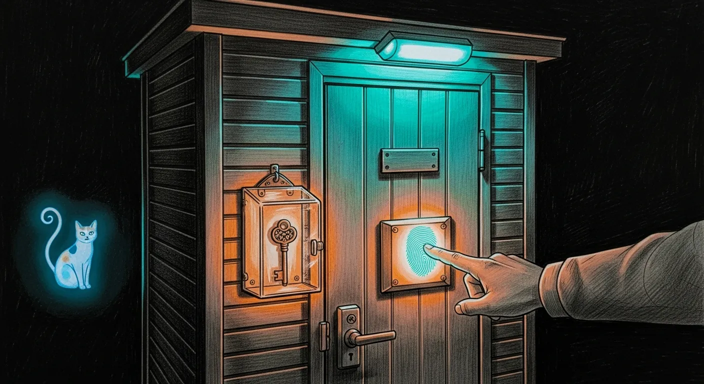 A gatehaus keyholder pressing a glowing fingerprint to a teal lock while a small glass-fronted emergency box with a spare key waits on the wall beside the door.