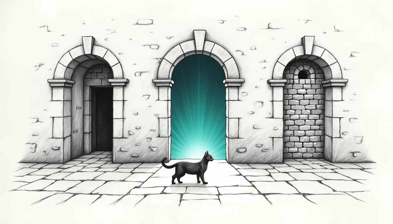 A pencil-sketched stone wall with three arched doorways — one shut in shadow, one bricked up solid, one standing wide open with teal light flooding across the flagstones. A cat pads toward the open one.