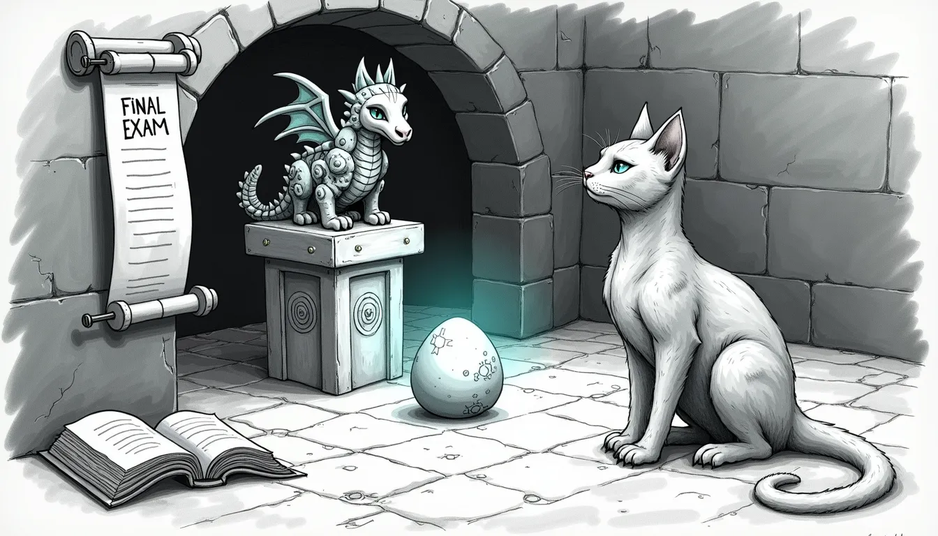 A pencil-sketch stone dragonpit at night: a small frozen pretender-dragon of gears and paper scrolls wears an oversized crown labeled CHAMPION, cobwebbed to its pedestal, while a real dragon egg sits cold and unhatched behind it. On the wall a sealed scroll stamped FINAL EXAM glows with a single teal halo — the true judge. Tommy, the haus's Abyssinian force-ghost, watches from the foreground with one paw on an open ledger.