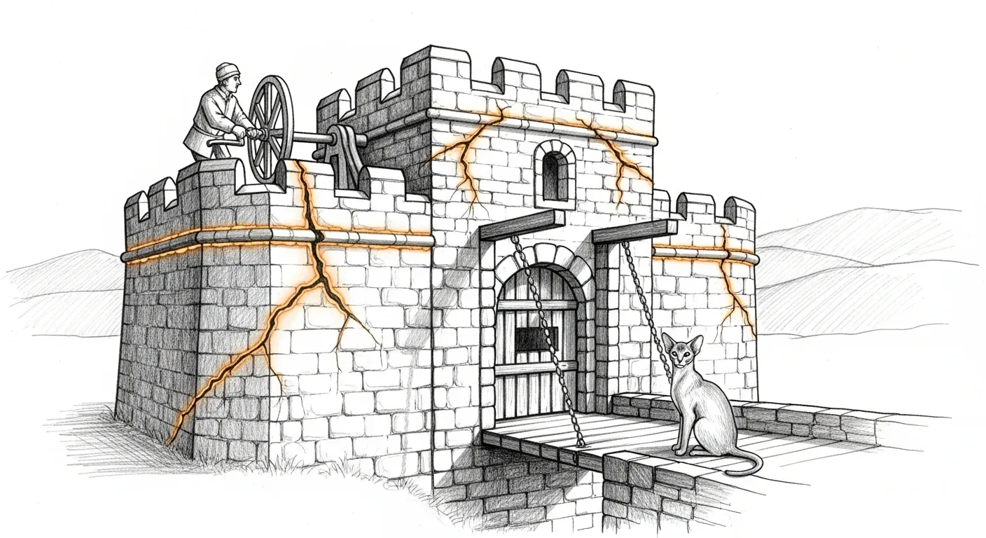 A stone keep at dawn, portcullis half-raised as a watchman cranks the gate wheel on the rampart. Old crack-scars across the walls glow with fresh amber repair seams — the only colour in the sketch. An Abyssinian cat sits on the drawbridge, watching the gate rise.