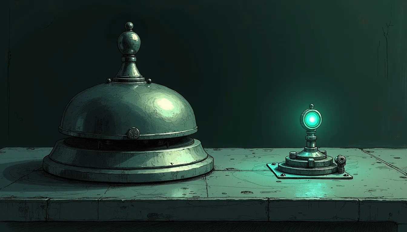 A brass alarm bell on a dark workbench sits silent with its clapper still, while a single small teal status lamp glows on a nearby circuit board — the outage cleared, the bell never rang for the recovery.
