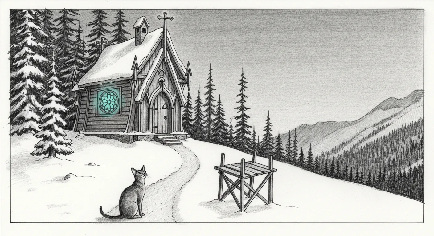 A wide graphite pencil sketch on off-white paper. A small remote mountain chalet shaped like a miniature cathedral stands snow-dusted at the edge of a pine forest at dusk; its single rose window glows the only colour in the drawing — a soft teal light. A narrow path leads to its arched door, and halfway along an old wooden scaffold has been taken down and set aside in the snow. An Abyssinian cat sits on the path, looking up at the lit window.
