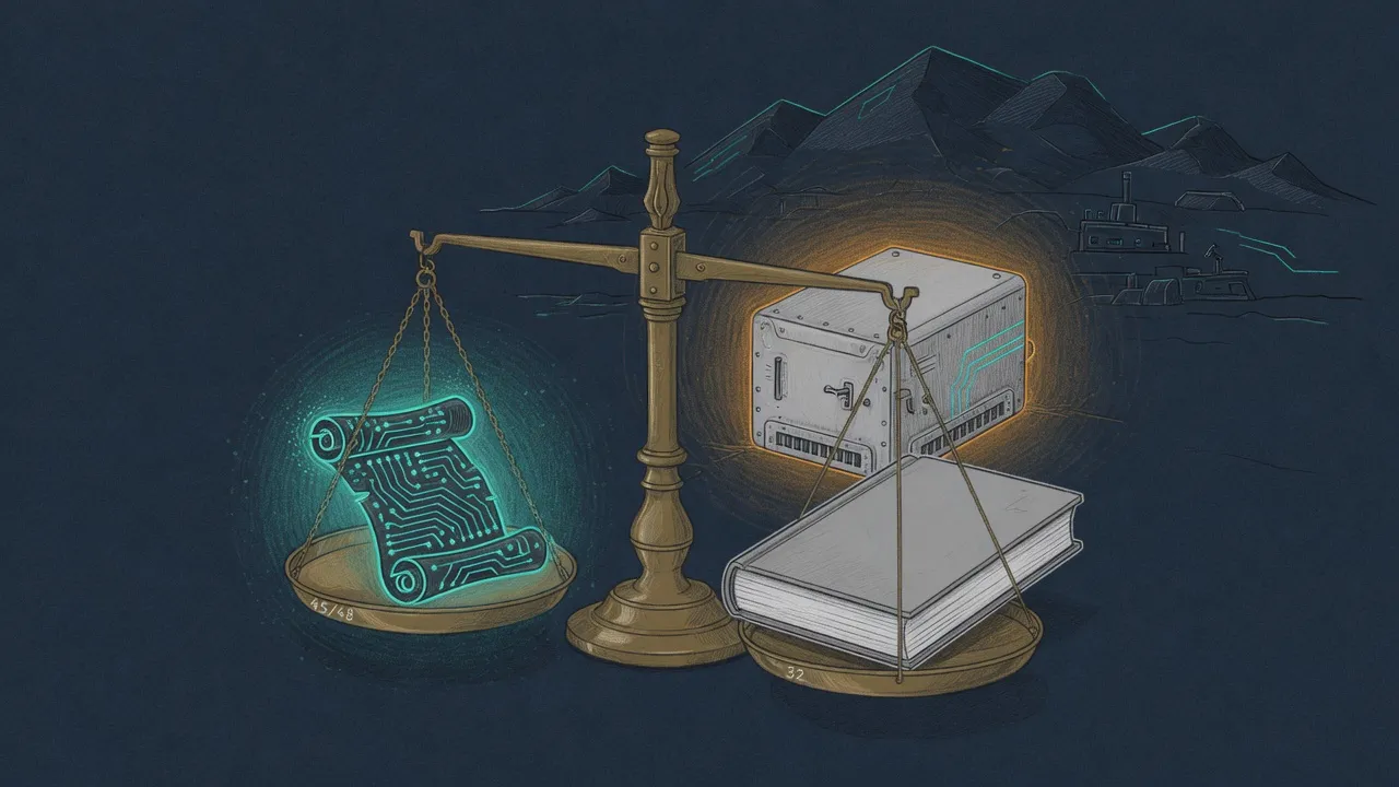 A brass balance scale: a small teal circuit-trace scroll labeled 45/48 outweighs a plain grey ledger labeled 32, beside a compact metal brain box with an amber halo against dark navy mountains