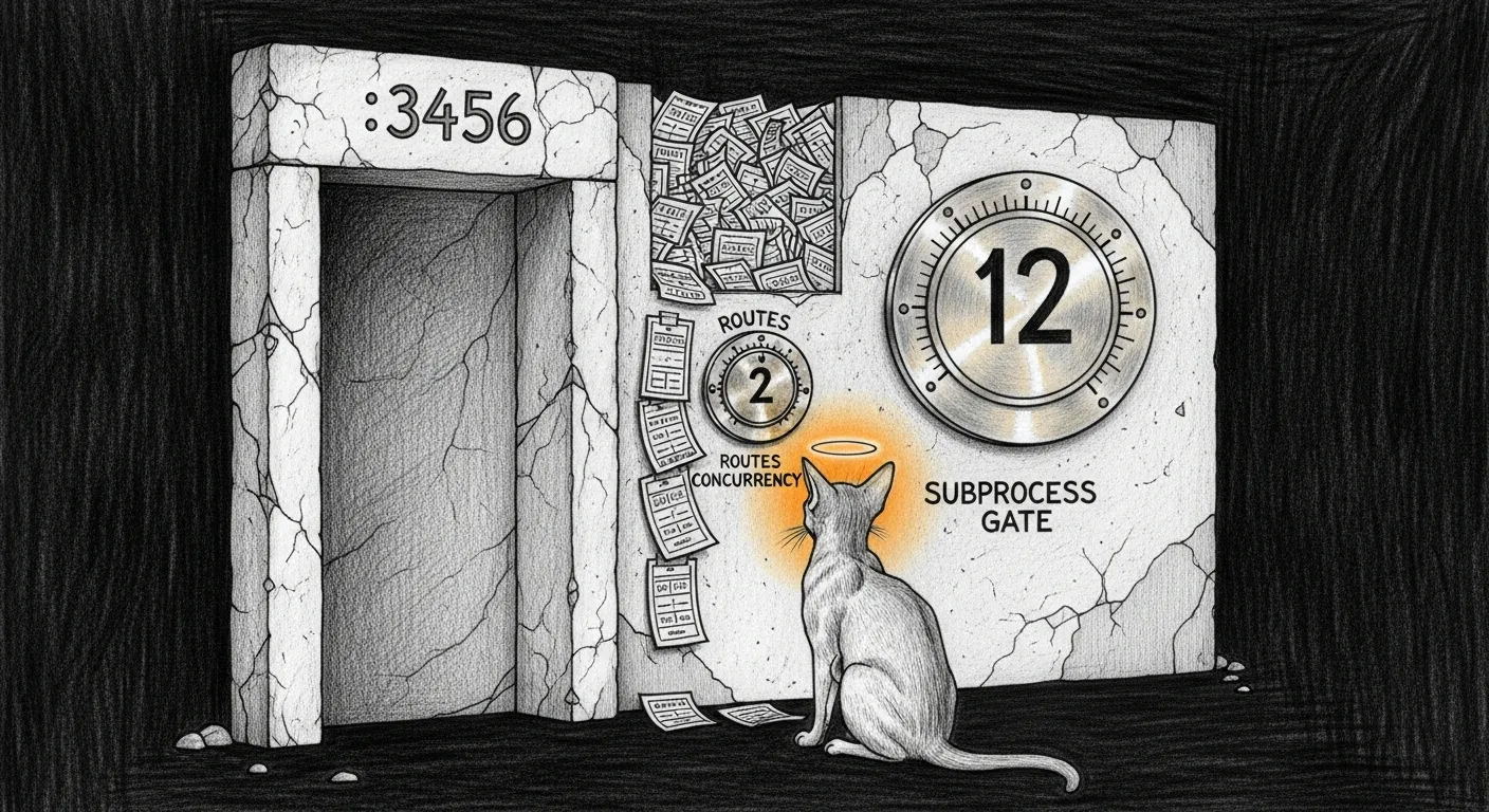 Two brass dials on a stone doorway marked :3456 — the small dial stuck at 2 while tickets queue, Tommy watching with an amber halo