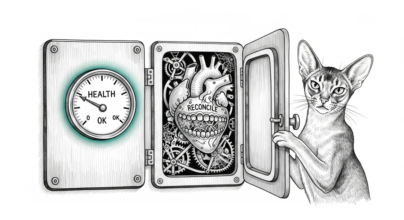 A wall-mounted brass control panel with a single round gauge glowing a calm teal halo over the word HEALTH, while behind the opened panel door the clockwork heart labelled RECONCILE stands frozen mid-gear, cobwebs between its teeth — Tommy the Abyssinian cat holds the panel door open with one paw, unimpressed by the gauge.