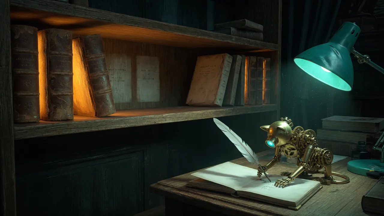 A long oak shelf of dated night journals in a dark study. Three volumes stand complete in warm amber. A gap of empty spines runs the length of the shelf, each labeled with a date, while a small brass clockwork scribe sits at a desk filling the missing books one by one under a single teal lamp.