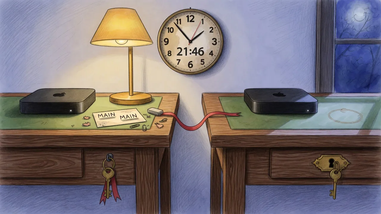 Two identical workbenches; the brass key hangs from the left lock but fits the right.