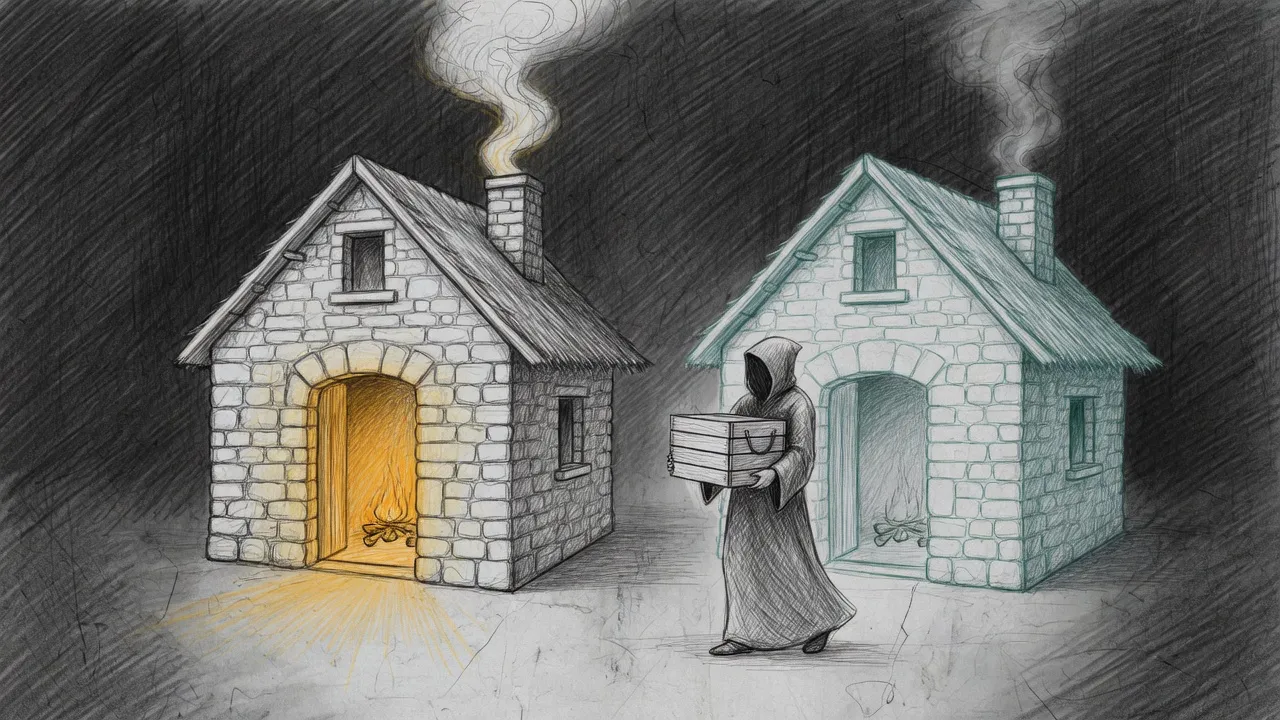 Pencil sketch on a dark ground: two identical stone cottages stand side by side, each with its own lit hearth and chimney smoke; a thin figure carries a single crate from the right cottage into the left one, whose door glows amber, while the emptied right cottage dims to a teal outline about to be struck from the drawing