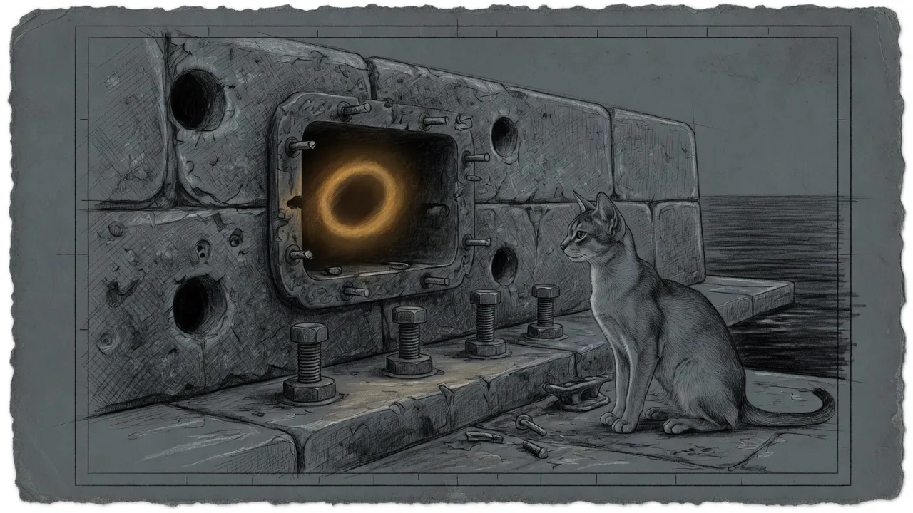 Pencil sketch of an empty harbour engine mount: bolts in a neat row, the engine gone, a single amber halo in the vacant socket. An Abyssinian cat sits on the quay watching the empty mount.