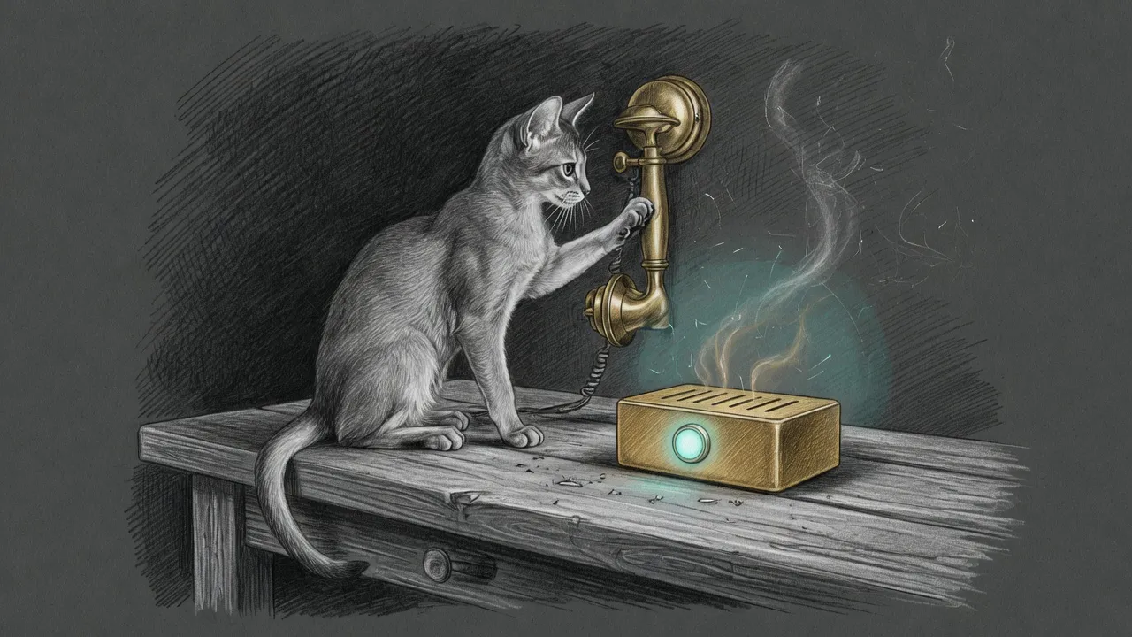 Pencil sketch of an Abyssinian cat on a workbench covering a brass wall-telephone clapper so it cannot ring, a small gold home-router brick beside her with one calm teal lamp and a wisp of warm steam.
