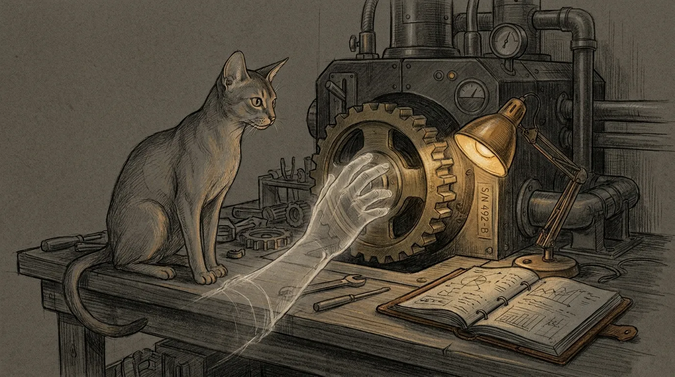 Pencil sketch of an Abyssinian cat watching a ghostly hand swap an old brass gear back into a humming night-shift machine, while a small inspection lamp lights the serial number stamped on the part and an open ledger waits on the bench.