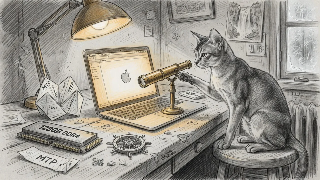 Pencil sketch of an Abyssinian cat at a workbench inspecting a brass spyglass aimed at a glowing MacBook, with a memory brick and a tiny fortune-teller labeled MTP on the bench.