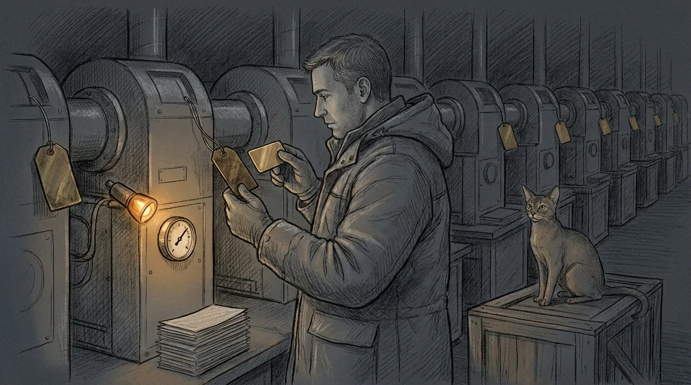 Pencil sketch of a night-shift technician holding a small blank brass tag beside a row of identical humming machines, each still wearing an older tarnished tag; one inspection lamp lights a gauge whose needle is stuck against the pin, a neat stack of blank alarm slips piles up beneath it, and an Abyssinian cat watches from a crate