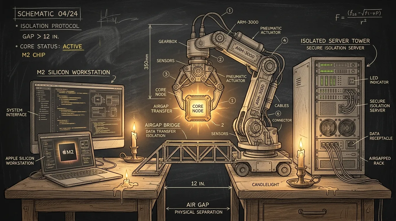 Pencil sketch on a dark textured chalkboard background of a high-tech robotic claw holding a glowing node core above an airgap bridge between an Apple silicon workstation and an isolated server tower, warm golden candlelight accents, cozy vintage architectural drafting style, quiet technical precision