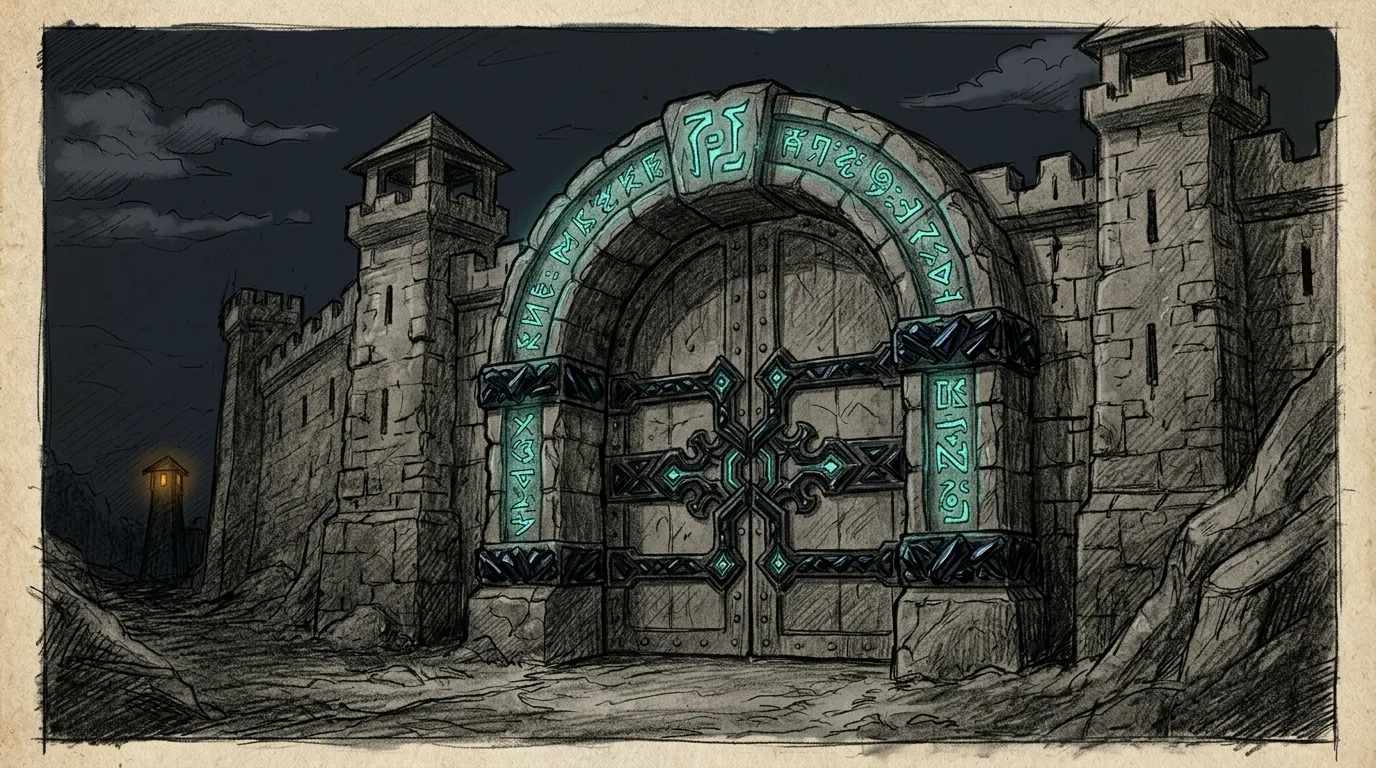 Pencil sketch of an ancient stone citadel gateway fortified with glowing teal runes and interlocking obsidian locks, with zero visible seams, dark background, teal and amber accent.