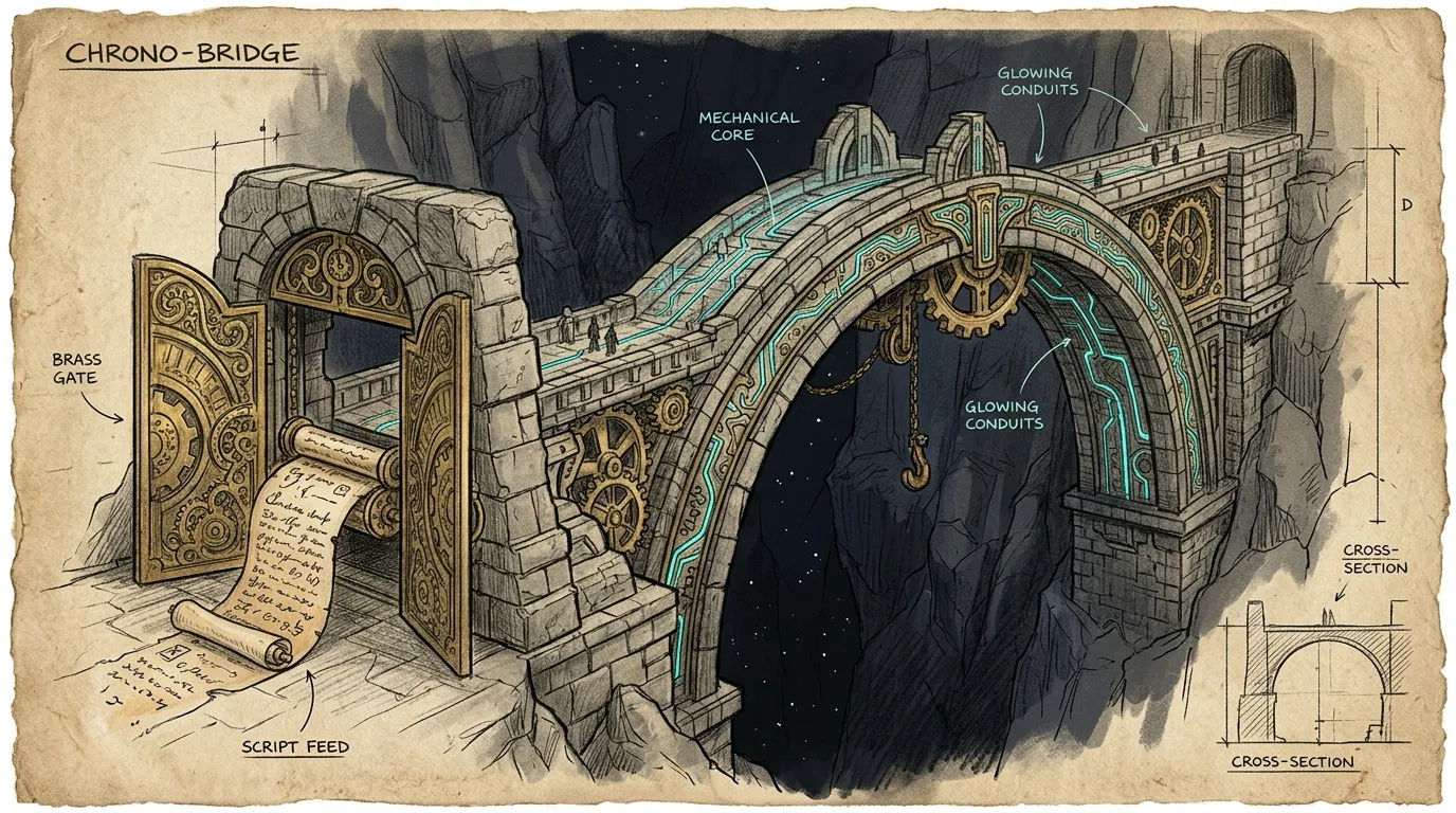 Pencil sketch of an ancient mechanical stone bridge with clockwork gears and glowing cyan circuit conduits spanning an abyss, where an intricate parchment script scroll feeds through a brass gate, dark background, subtle cyan and amber accent lines.