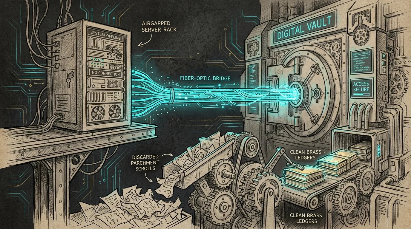 Pencil sketch of an airgapped server rack connected across a glowing cyan fiber bridge to a digital vault, mechanical gears sorting discarded parchment scrolls from clean brass ledgers, dark background, subtle cyan and gold circuit accents.